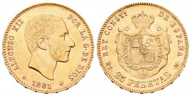 Alfonso XII (1874-1885). 25 pesetas. 1881*18-81. Madrid. MSM. (Cal-14). Au. 8,05 g. MBC+. Est...220,00.