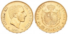 Alfonso XII (1874-1885). 25 pesetas. 1881*18-81. Madrid. MSM. (Cal-14). Au. 8,06 g. Golpecitos en el canto. MBC+. Est...220,00.