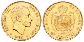 Alfonso XII (1874-1885). 25 pesetas. 1885*18-85. Madrid. MSM. (Cal-20). Au. 7,99 g. Resto de soldaura en el canto. Rara. MBC-. Est...300,00.