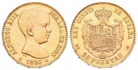 Alfonso XIII (1886-1931). 20 pesetas. 1890*18-_ _. Madrid. MPM. (Cal-5). Au. 6,46 g. EBC+. Est...220,00.