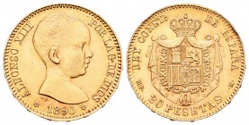 Alfonso XIII (1886-1931). 20 pesetas. 1890*18-90. Madrid. MPM. (Cal-5). Au. 6,47 g. Golpes en el canto. EBC. Est...210,00.