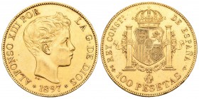 Alfonso XIII (1886-1931). 100 pesetas. 1897*18-97. Madrid. SGV. (Cal-1). Au. 32,28 g. Golpecitos en el canto. Limpiada. EBC. Est...1300,00.