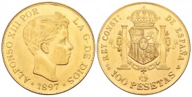 Estado Español (1936-1975). 100 pesetas. 1897*19-_ _. Madrid. Au. 31,52 g. Reproducción de joyería. EBC+. Est...650,00.