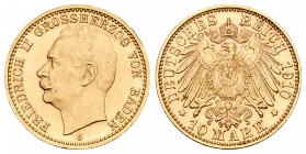 Alemania. Baden. Federico II. 10 marcos. 1910. Karlsruhe. G. (Km-282). (Fried-3761). Au. 3,98 g.  Muy escasa. EBC+. Est...400,00.