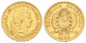 Argentina. 5 pesos. 1884. (Km-31). (Fr-14). Au. 8,05 g. MBC+. Est...230,00.