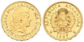 Argentina. 5 pesos. 1887. (Km-31). (Fried-14). Au. 8,06 g. Golpe en el canto. MBC. Est...220,00.