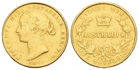 Australia. Victoria. 1 soberano. 1864. Sidney. (Km-4). (Fr-10). Au. 7,86 g. Fue utilizada como joya. BC+. Est...210,00.