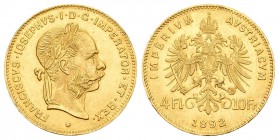 Austria. Franz Joseph I. 4 florines - 10 francos. 1892. (Km-2260). (Fr-503R). Au. 3,22 g. Leves golpecitos en el canto. EBC+. Est...120,00.