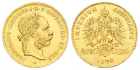 Austria. Franz Joseph I. 4 florines - 10 francos. 1892. (Km-2260). (Fried-503R). Au. 3,21 g. Leves golpecitos canto. EBC+. Est...120,00.