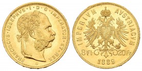 Austria. Franz Joseph I. 8 florines - 20 francos. 1889. (Km-2269). (Fried-502). Au. 6,46 g. Brillo original. SC-. Est...210,00.