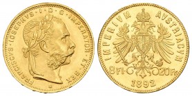 Austria. Franz Joseph I. 8 florines - 20 francos. 1892. (Km-2269). (Fried-502R). Au. 6,43 g. Reacuñación oficial. SC. Est...210,00.