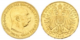 Austria. Franz Joseph I. 20 coronas. 1915. (Km-2818). (Fr-425). Au. 6,77 g. Restos de brillo original. EBC+. Est...210,00.