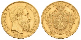 Bélgica. Leopoldo II. 20 francos. 1870. (Km-32). (Fried-412). Au. 6,44 g. EBC. Est...210,00.