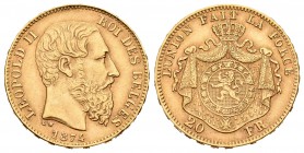 Bélgica. Leopoldo II. 20 francos. 1874. (Km-37). (Fried-412). Au. 6,45 g. MBC+. Est...200,00.