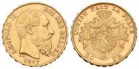 Bélgica. Leopoldo II. 20 francos. 1877. (Km-37). (Fr-412). Au. 6,46 g. EBC-. Est...210,00.