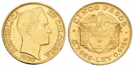 Colombia. 5 pesos. 1920. (Km-201.1). (Fried-113). Au. 7,94 g. MBC+. Est...230,00.