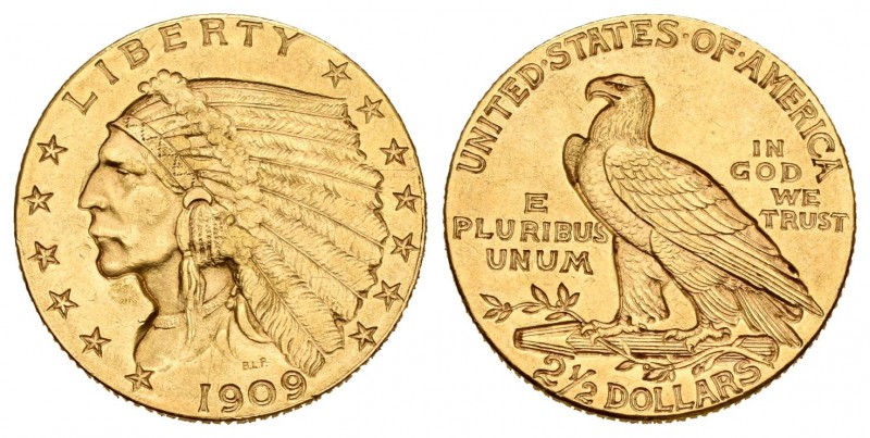 Estados Unidos. 2 1/2 dollars. 1909. Philadelphia. (Km-128). (Fried-120). Au. 4,...