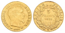 Francia. Napoleón III. 5 francos. 1859. París. A. (Km-787.1). (Fried-578a). Au. 1,61 g. EBC-. Est...60,00.