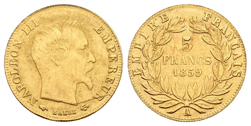 Francia. Napoleón III. 5 francos. 1859. París. A. (Km-787.1). (Fried-578a). Au. ...