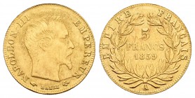 Francia. Napoleón III. 5 francos. 1859. París. A. (Km-787.1). (Fried-578a). Au. 1,63 g. MBC+. Est...60,00.
