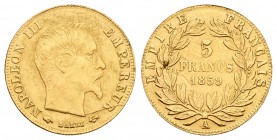 Francia. Napoleón III. 5 francos. 1859. París. A. (Km-787.1). (Fr-578a). Au. 1,62 g. MBC+/EBC-. Est...65,00.