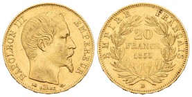 Francia. Napoleón III. 20 francos. 1855. Lyon. D. (Km-781.3). (Fried-575). Au. 6,47 g. MBC+. Est...200,00.