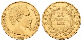 Francia. Napoleón III. 20 francos. 1855. París. A. (Km-781.1). (Fr-573). Au. 6,42 g. MBC+. Est...200,00.