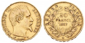 Francia. Napoleón III. 20 francos. 1857. París. A. (Km-781.1). (Fr-573). Au. 6,44 g.  Golpecitos en el canto. MBC-. Est...190,00.