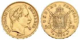 Francia. Napoleón III. 20 francos. 1864. Estrasburgo. BB. (Km-801.2). (Fried-585). Au. 6,44 g. MBC+. Est...210,00.