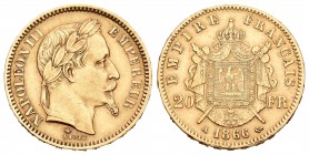 Francia. Napoleón III. 20 francos. 1866. París. A. (Km-801.1). (Fried-584). Au. 6,45 g. MBC+. Est...210,00.