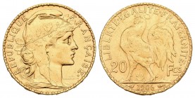 Francia. III República. 20 francos. 1906. (Km-857). (Fried-596). Au. 6,45 g. Sirvió como joya. MBC-. Est...190,00.