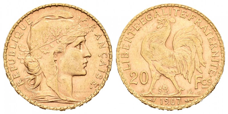 Francia. III República. 20 francos. 1907. (Km-857). (Fried-596a). Au. 6,44 g. EB...