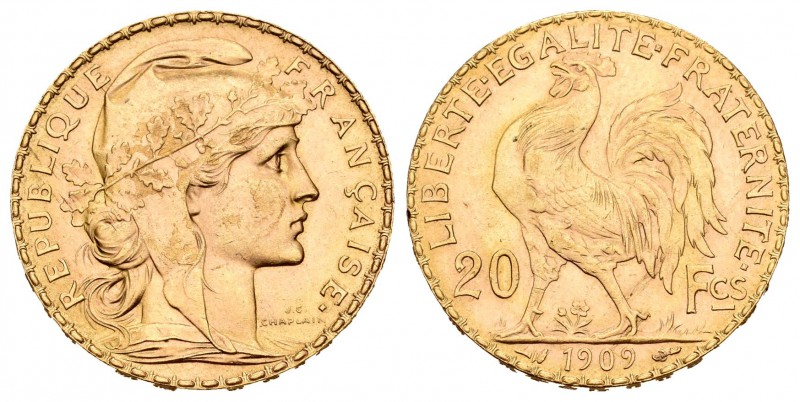 Francia. III República. 20 francos. 1909. (Km-857). (Fried-596a). Au. 6,45 g. EB...