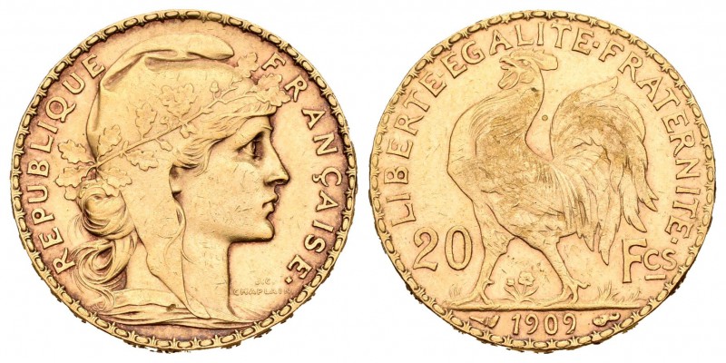 Francia. III República. 20 francos. 1909. (Km-857). (Fried-596a). Au. 6,46 g. EB...