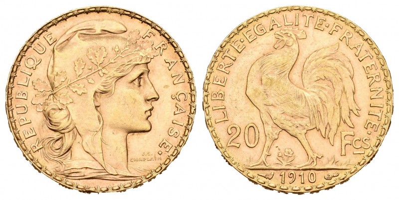 Francia. III República. 20 francos. 1910. (Km-857). (Fried-596a). Au. 6,47 g. EB...