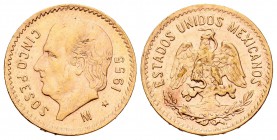 México. 5 pesos. 1955. México. M. (Km-464). (Fried-168R). Au. 4,15 g. EBC-. Est...120,00.