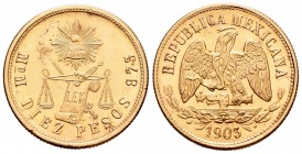 México. 10 pesos. 1903. México. (Km-413.7). (Fried-128). Au. 16,92 g. EBC+. Est...520,00.