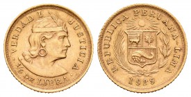 Perú. 1/5 libra. 1929. (Km-210). (Fried-75). Au. 1,62 g. SC-. Est...65,00.