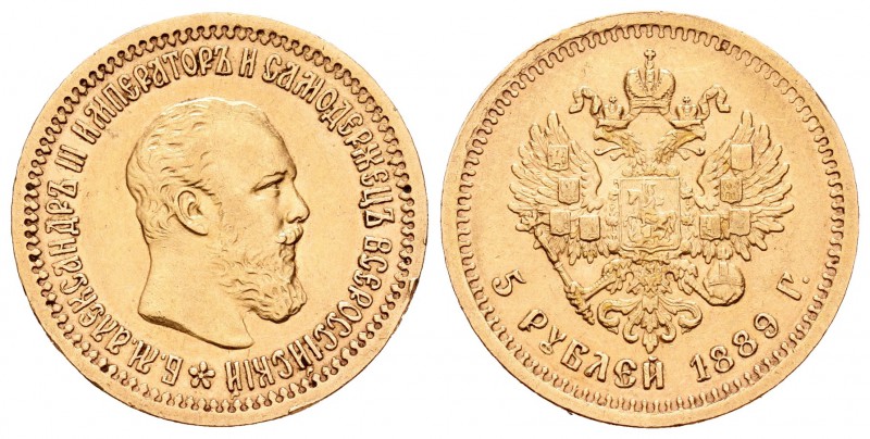 Rusia. Alexander III. 5 rublos. 1889. (Km-42 var). (Fried-169). Au. 6,44 g. Golp...