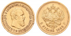 Rusia. Alexander III. 5 rublos. 1889. (Km-42 var). (Fried-169). Au. 6,44 g. Golpecitos en el canto. MBC+. Est...220,00.
