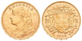 Suiza. 20 francos. 1935. Berna. B. (Km-35.1). Au. 6,45 g. SC-. Est...200,00.