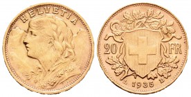 Suiza. 20 francos. 1935. Berna. (Km-35.1). Au. 6,44 g. EBC+. Est...200,00.