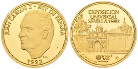 Juan Carlos I (1975-2014). Medalla. 1986. Au. 33,89 g. Exposición Universal Sevilla 1992. Numerada 0702/1000. PROOF. Est...1100,00.