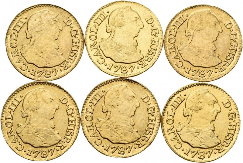 Lote de 6 monedas de Carlos III de 1/2 escudo de 1787 Madrid. Sirvieron como joy...