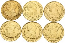 Lote de 6 monedas de Carlos III de 1/2 Escudo de 1787 Madrid. Sirvieron como joya. A EXAMINAR. MBC-/MBC. Est...500,00.