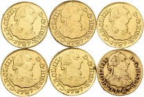 Lote de 6 monedas de Carlos III, 1/2 escudo de 1787 Madrid. Sirvieron como joya. A EXAMINAR. MBC-/MBC. Est...500,00.