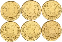 Lote de 6 monedas de Carlos III 1/2 escudo de 1787 Madrid. Siervieron como  joya. A EXAMINAR. MBC-/MBC. Est...500,00.