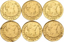 Lote de 6 monedas de Carlos III de 1/2 escudo de 1787 Madrid. Sirvieron como joya. A EXAMINAR. MBC-/MBC. Est...500,00.