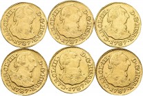 Lote de 6 monedas de Carlos III de 1/2 escudo de 1787 Madrid. Sirvieron con joya. A EXAMINAR. MBC-/MBC. Est...500,00.