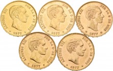 Lote de 5 monedas de Alfonso XII, 25 pesetas de 1877. Todas las estrellas visibles. A EXAMINAR. EBC-/EBC+. Est...1200,00.